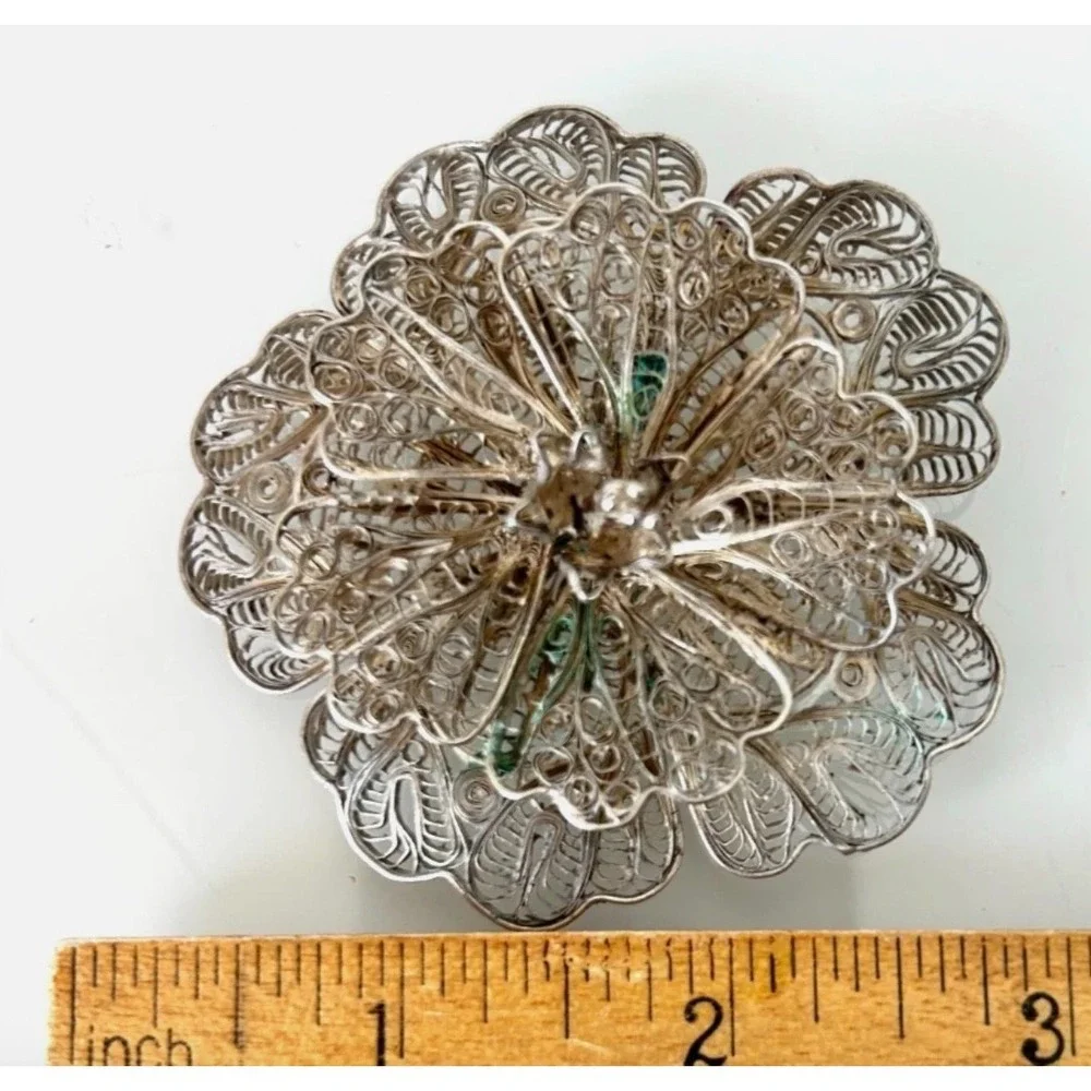 Vintage Filigree Flower Brooch Pin Layered Spun Metal Wire Floral As Is*